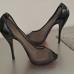 Christian Louboutin "Fetilo 120" Black Patent Leather Mesh Peep-Toe Heels